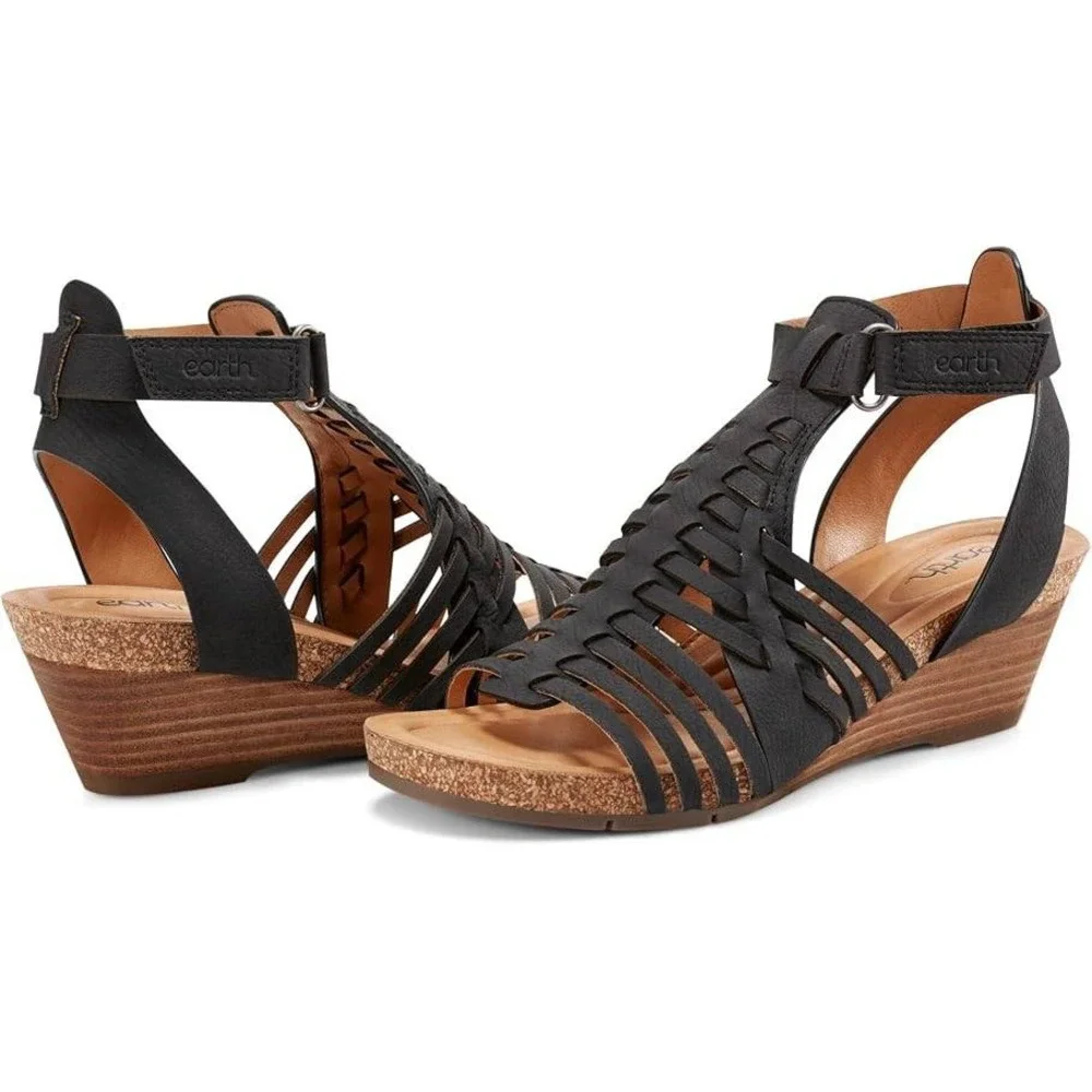 Earth Hattie Womens 8.5 Black Leather Wedge Sandal Strappy Comfort Shoe NWT
